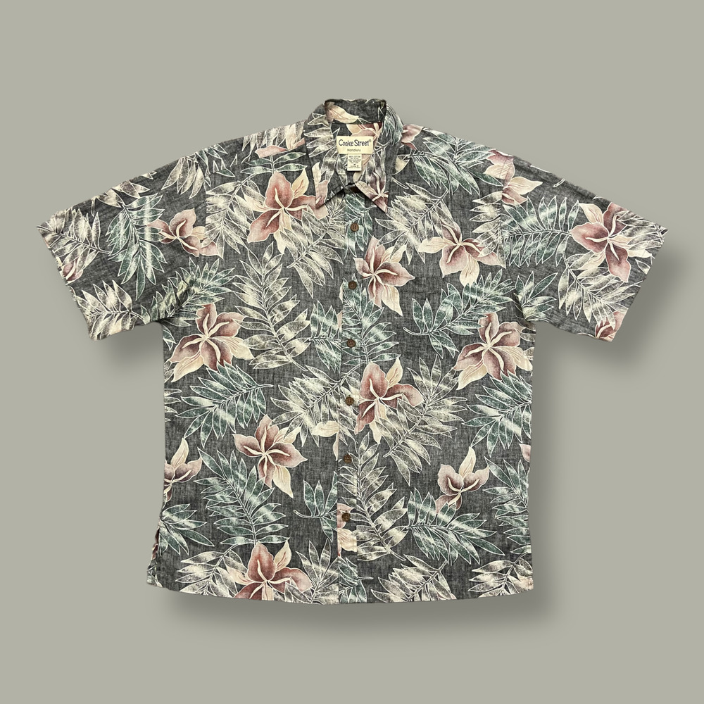 Vintage Hawaiian Shirt Floral Aloha Button Down 90s y2k Cotton Gray Medium